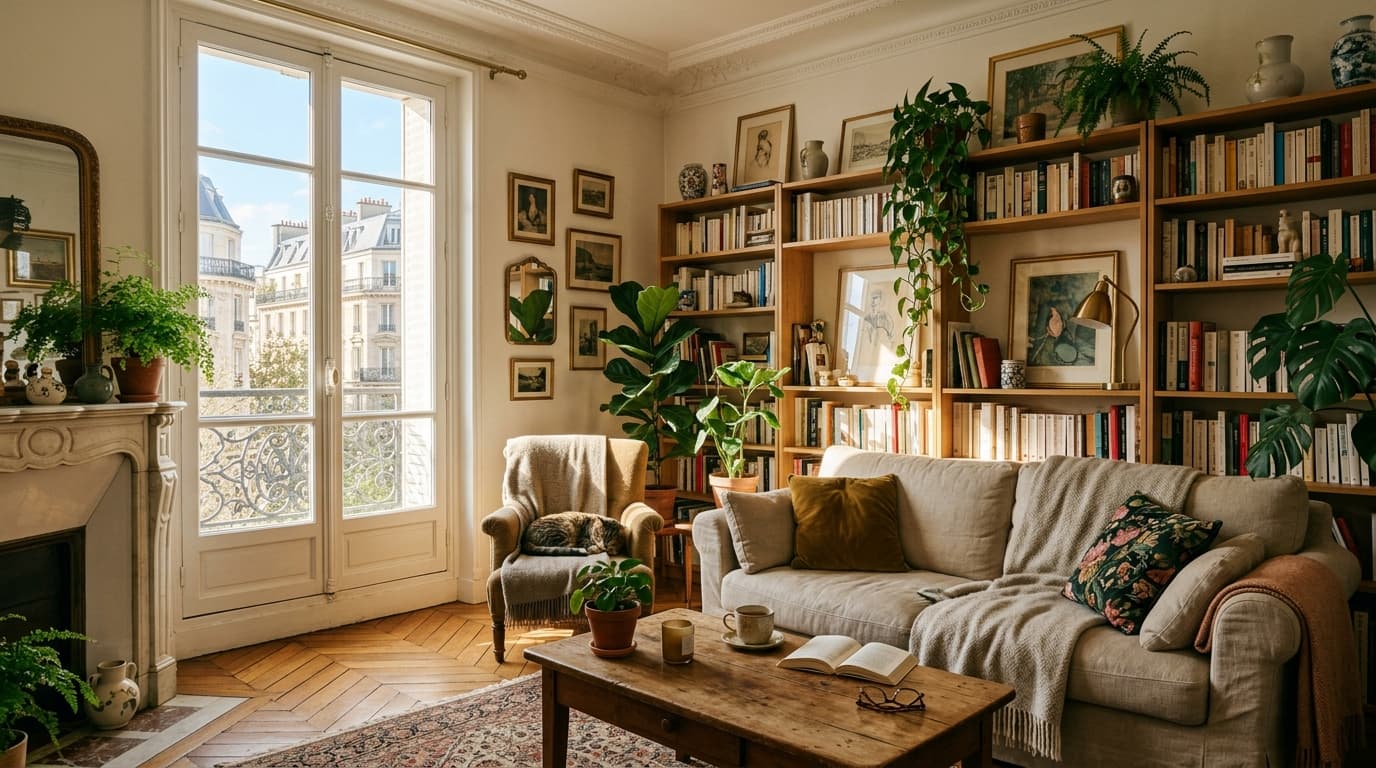 Un intérieur chaleureux d'appartement avec salon lumineux et bibliothèque