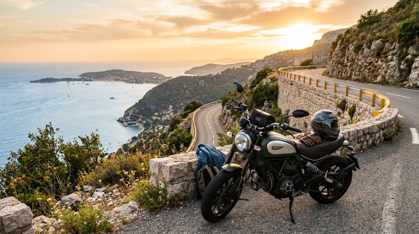 Une moto élégante garée sur une route côtière ensoleillée en bord de mer