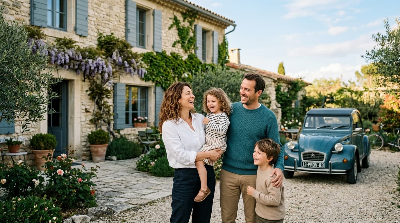 Une famille souriante devant leur maison et leur voiture dans la campagne française