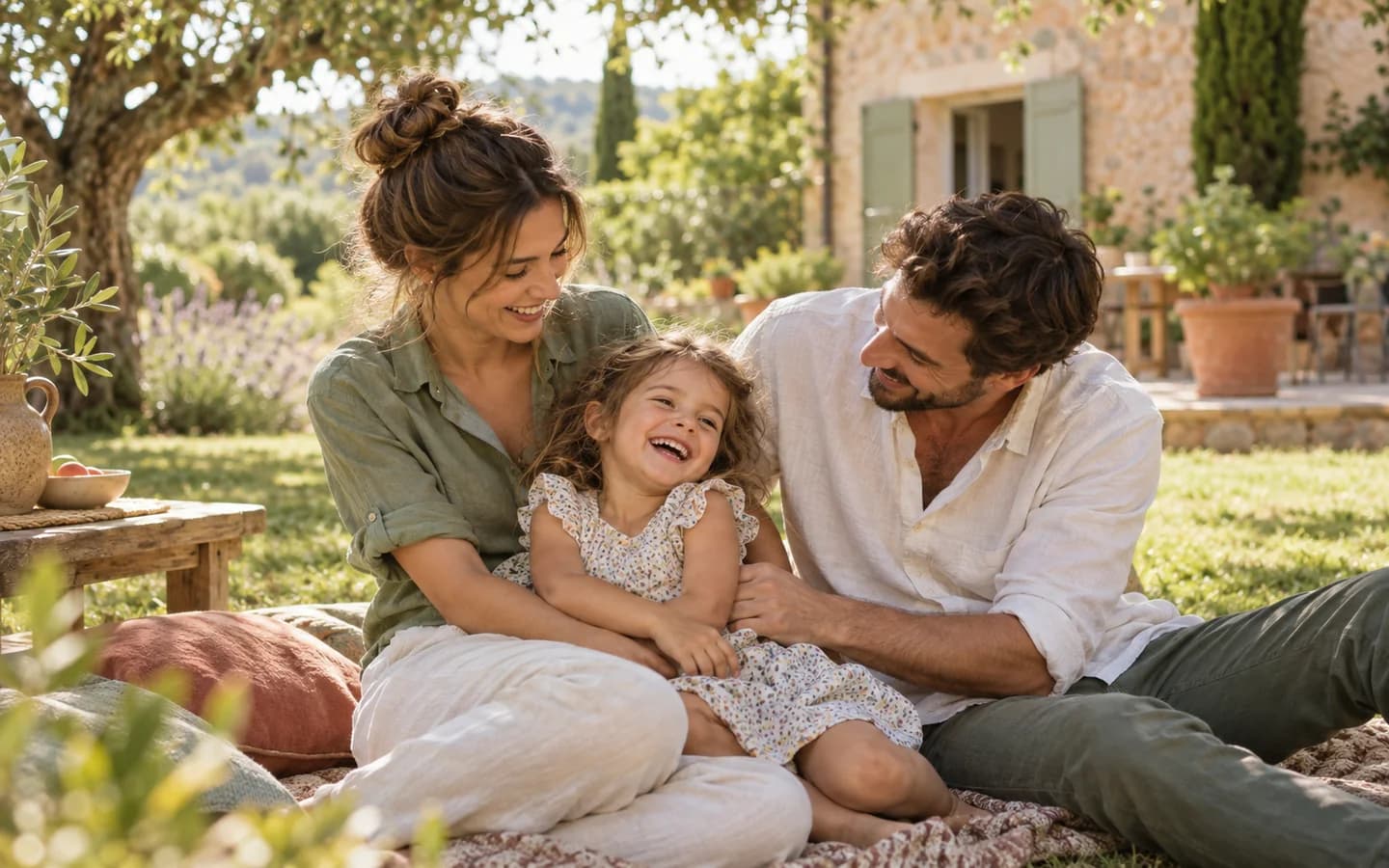 Un moment de complicité en famille dans un jardin ensoleillé